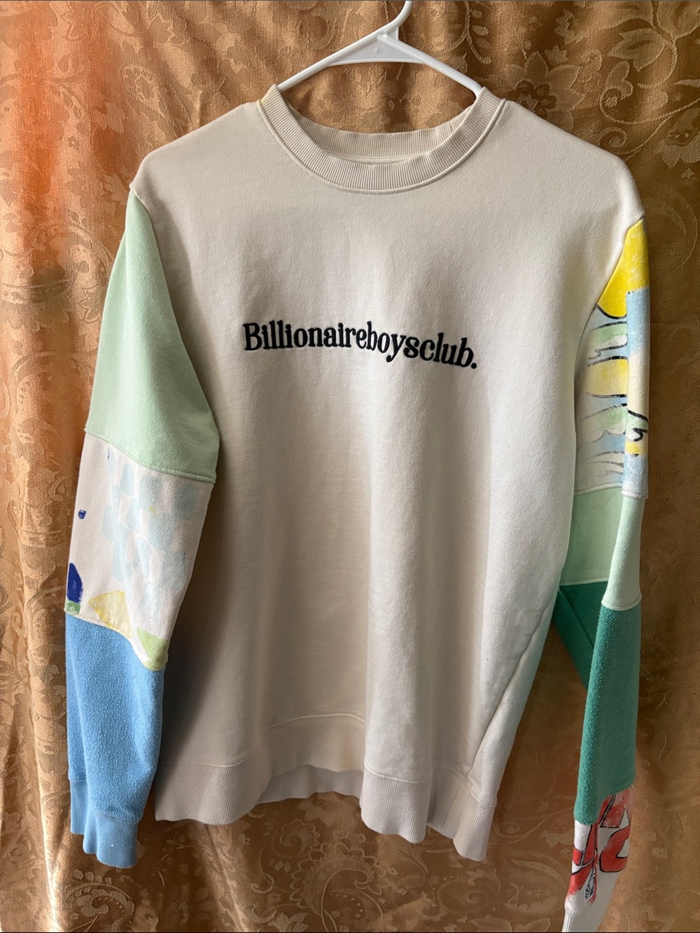 Billionaire Boys Club Cream Crewneck with Pastel Patchwork Sleeves